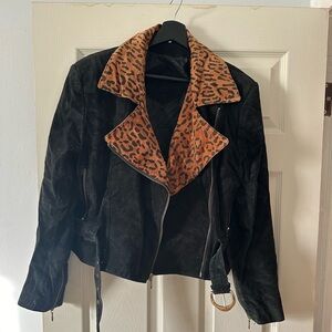 Vintage Suede Biker Black Leopard Jacket